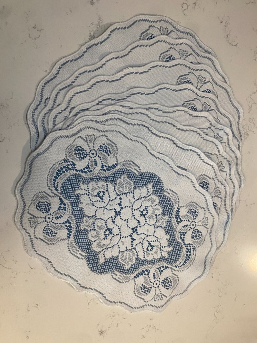 Vintage Lace Oval Placemats Set of 8 Blue Floral Scalloped Edge 18x12 Inch